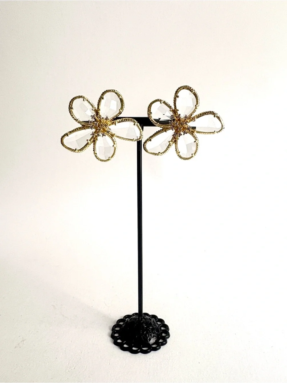Crystal Flower Statement Earrings Gold Trim Women Jewelry